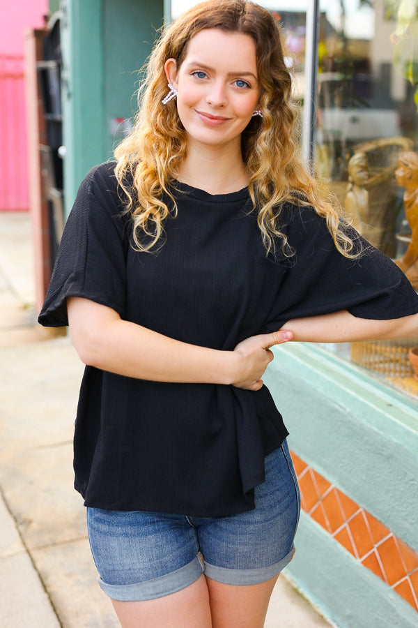 Be Bold Black Crinkle Texture Pocketed Dolman Top - Coeur de la Mode