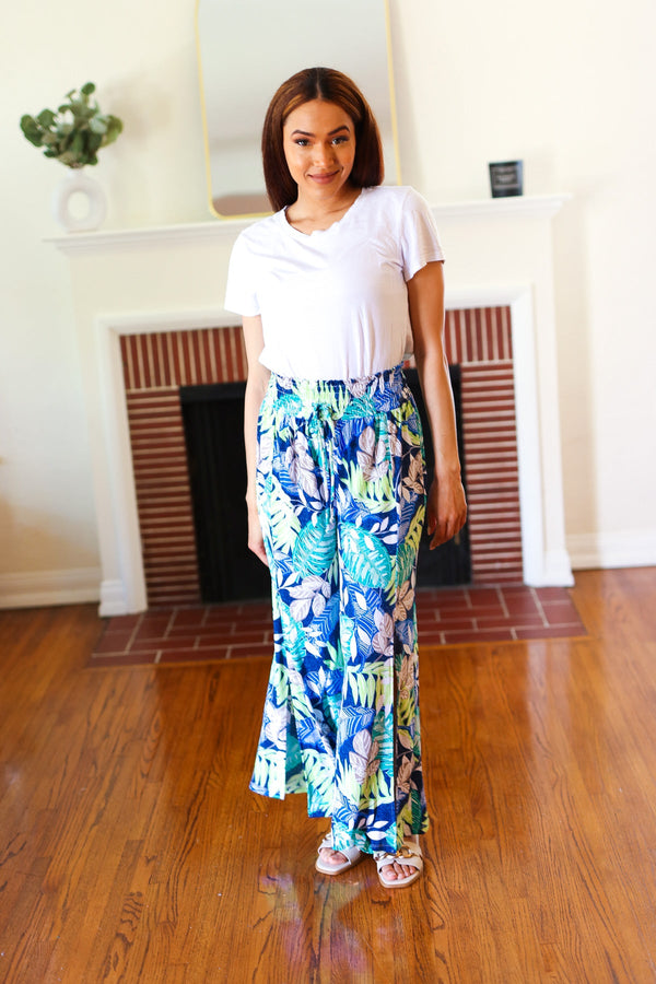 Tropical Boho Smocked Waist Side Slit Palazzo Pants - Coeur de la Mode