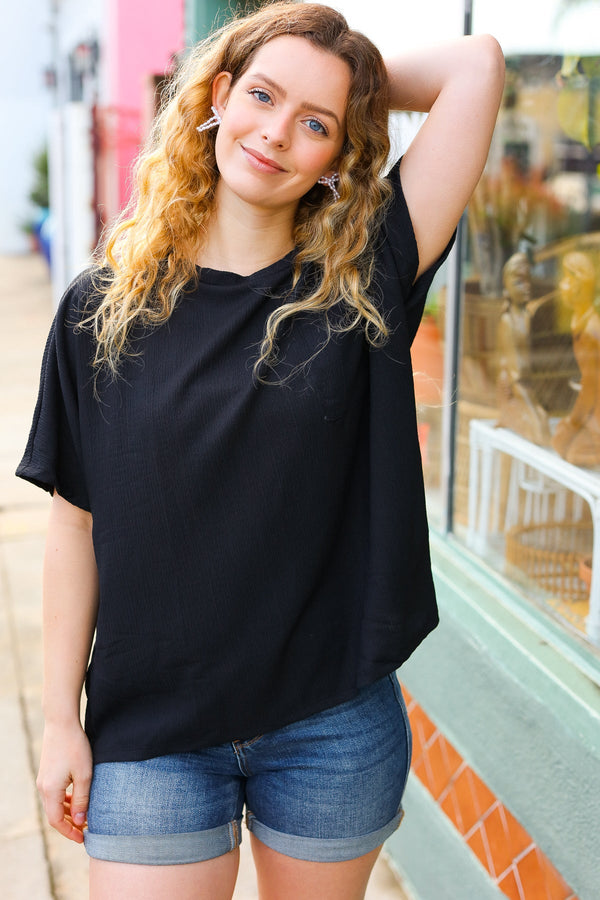 Be Bold Black Crinkle Texture Pocketed Dolman Top - Coeur de la Mode