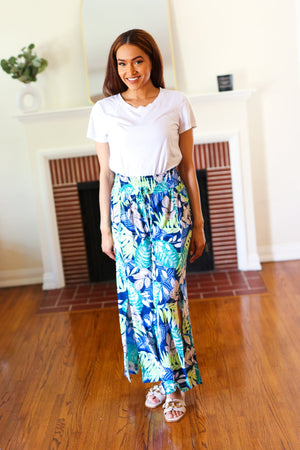 Tropical Boho Smocked Waist Side Slit Palazzo Pants - Coeur de la Mode