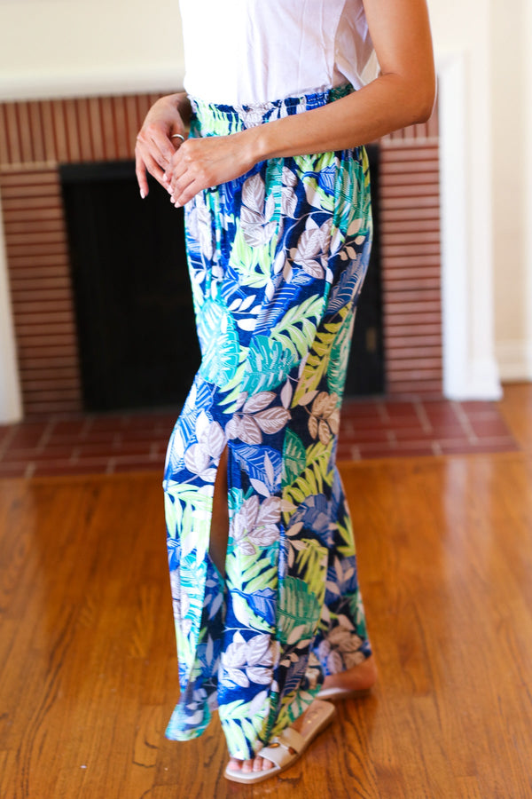 Tropical Boho Smocked Waist Side Slit Palazzo Pants - Coeur de la Mode