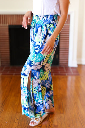 Tropical Boho Smocked Waist Side Slit Palazzo Pants - Coeur de la Mode