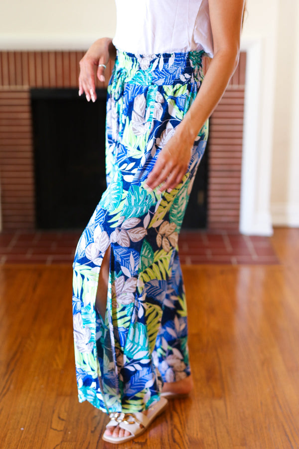Tropical Boho Smocked Waist Side Slit Palazzo Pants - Coeur de la Mode