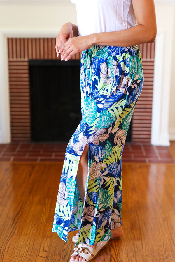 Tropical Boho Smocked Waist Side Slit Palazzo Pants - Coeur de la Mode