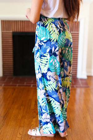 Tropical Boho Smocked Waist Side Slit Palazzo Pants - Coeur de la Mode