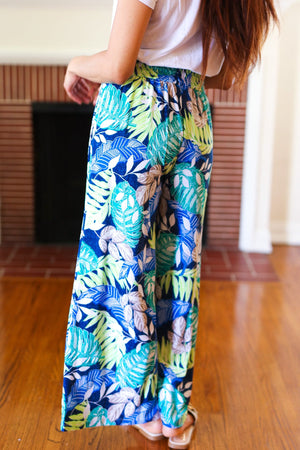 Tropical Boho Smocked Waist Side Slit Palazzo Pants - Coeur de la Mode
