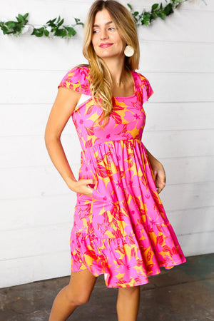 Fuchsia & Orange Tropical Floral Square Neck Dress - Coeur de la Mode