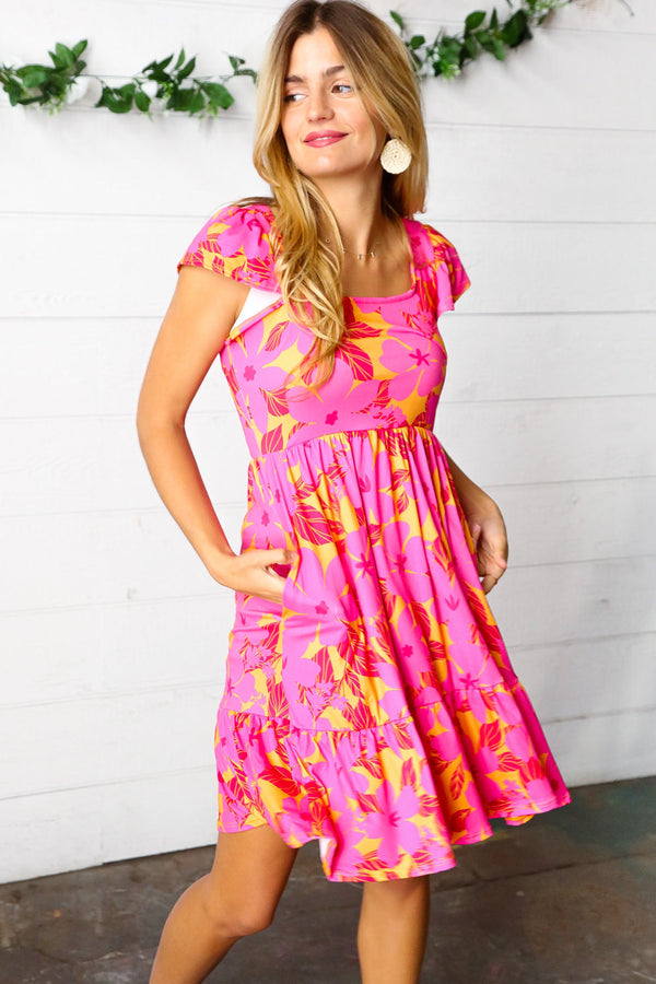 Fuchsia & Orange Tropical Floral Square Neck Dress - Coeur de la Mode
