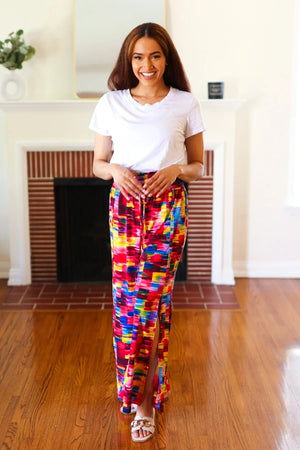 Vacay Vibes Kaleidoscope Smocked Waist Side Slit Palazzo Pants - Coeur de la Mode