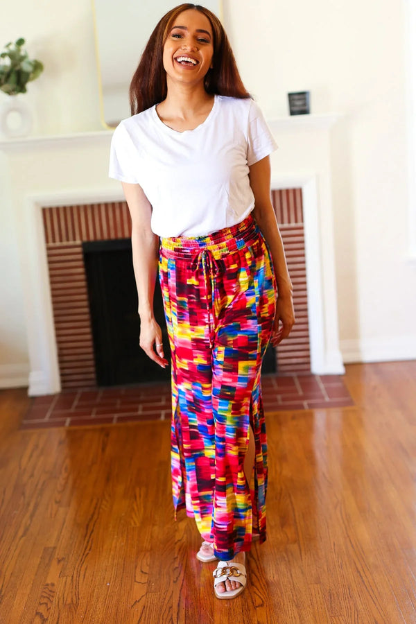 Vacay Vibes Kaleidoscope Smocked Waist Side Slit Palazzo Pants - Coeur de la Mode