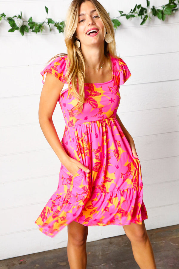 Fuchsia & Orange Tropical Floral Square Neck Dress - Coeur de la Mode