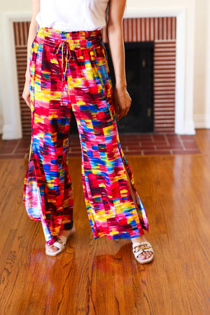 Vacay Vibes Kaleidoscope Smocked Waist Side Slit Palazzo Pants - Coeur de la Mode