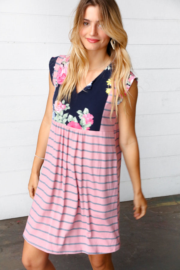 Pink Floral & Striped Yoke Babydoll Dress - Coeur de la Mode