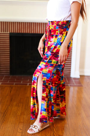 Vacay Vibes Kaleidoscope Smocked Waist Side Slit Palazzo Pants - Coeur de la Mode