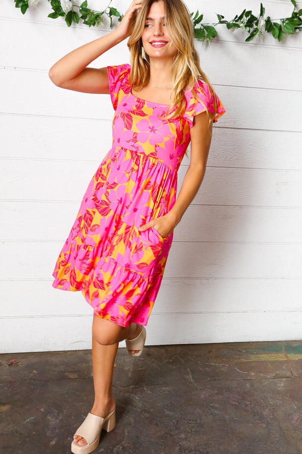 Fuchsia & Orange Tropical Floral Square Neck Dress - Coeur de la Mode