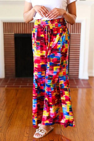 Vacay Vibes Kaleidoscope Smocked Waist Side Slit Palazzo Pants - Coeur de la Mode