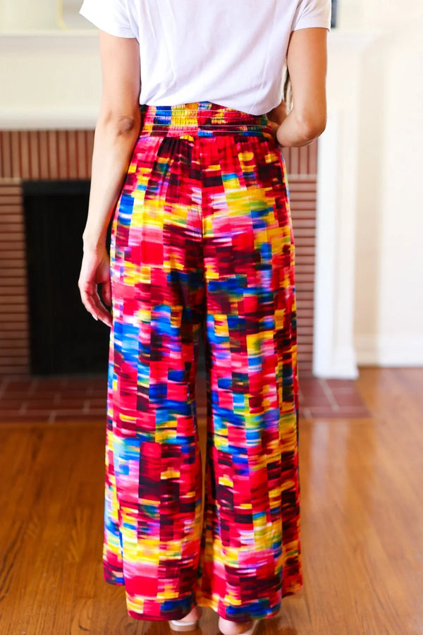 Vacay Vibes Kaleidoscope Smocked Waist Side Slit Palazzo Pants - Coeur de la Mode