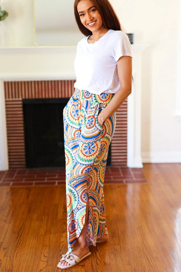 Multicolor Mandala Smocked Waist Side Slit Palazzo Pants - Coeur de la Mode