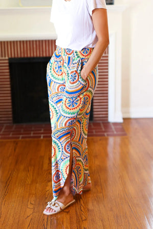 Multicolor Mandala Smocked Waist Side Slit Palazzo Pants - Coeur de la Mode