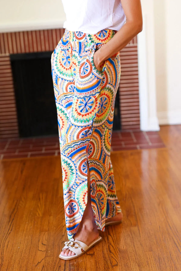 Multicolor Mandala Smocked Waist Side Slit Palazzo Pants - Coeur de la Mode