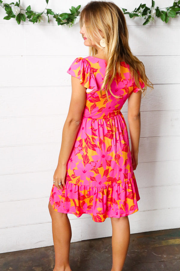 Fuchsia & Orange Tropical Floral Square Neck Dress - Coeur de la Mode