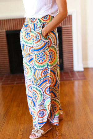 Multicolor Mandala Smocked Waist Side Slit Palazzo Pants - Coeur de la Mode