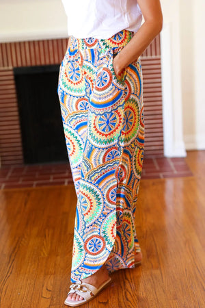 Multicolor Mandala Smocked Waist Side Slit Palazzo Pants - Coeur de la Mode