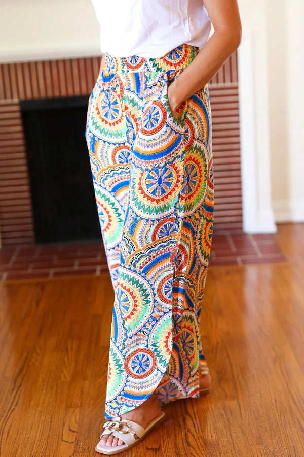 Multicolor Mandala Smocked Waist Side Slit Palazzo Pants - Coeur de la Mode