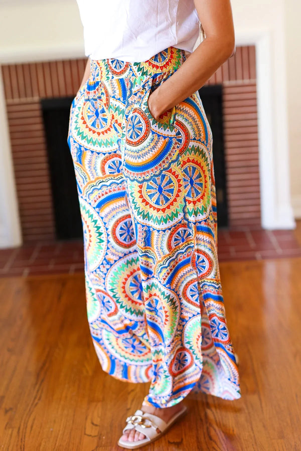 Multicolor Mandala Smocked Waist Side Slit Palazzo Pants - Coeur de la Mode