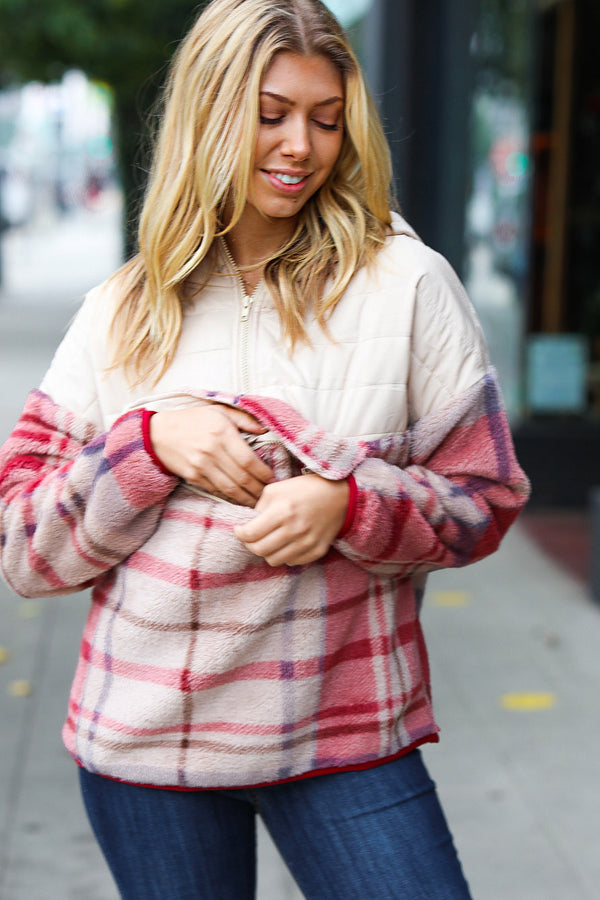 Tried & True Oatmeal & Garnet Plaid Half Zip Puffer Hoodie - Coeur de la Mode