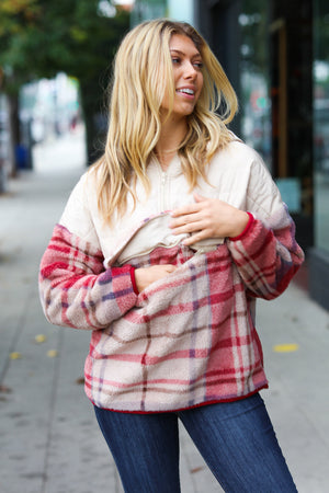 Tried & True Oatmeal & Garnet Plaid Half Zip Puffer Hoodie - Coeur de la Mode