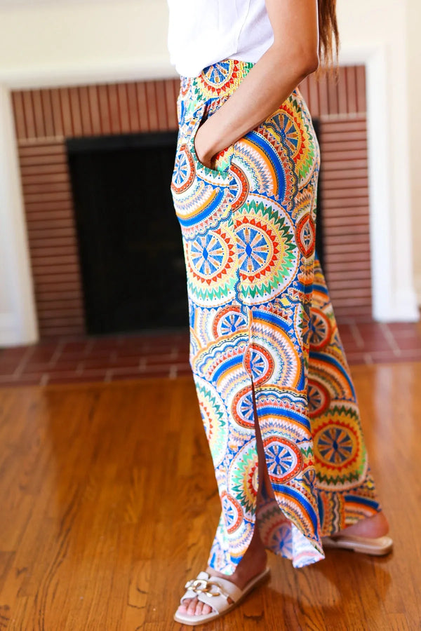 Multicolor Mandala Smocked Waist Side Slit Palazzo Pants - Coeur de la Mode
