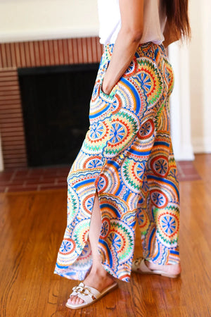 Multicolor Mandala Smocked Waist Side Slit Palazzo Pants - Coeur de la Mode