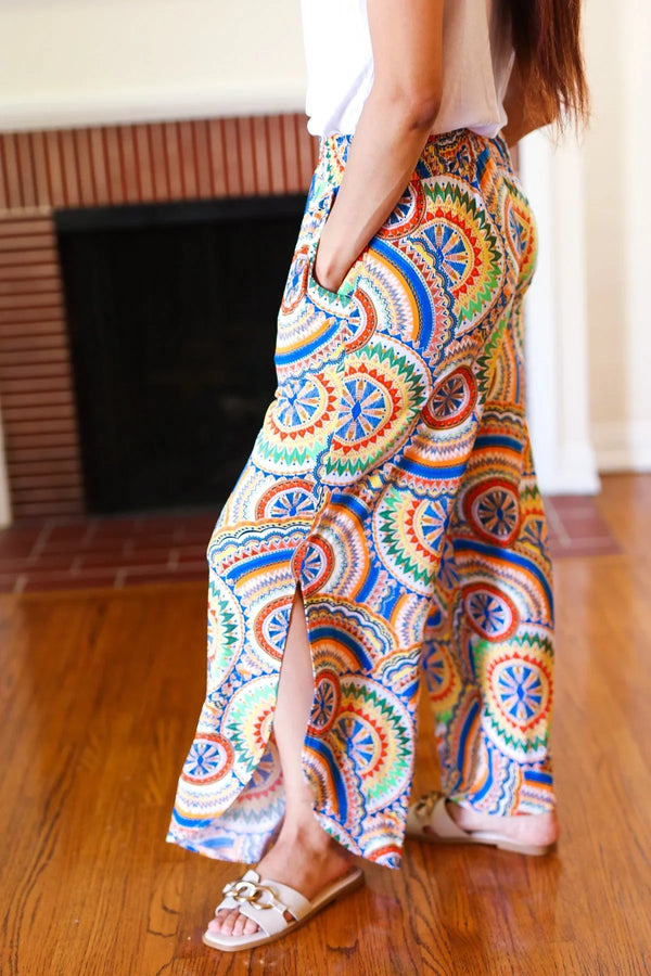 Multicolor Mandala Smocked Waist Side Slit Palazzo Pants - Coeur de la Mode