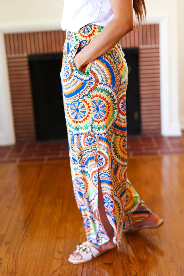 Multicolor Mandala Smocked Waist Side Slit Palazzo Pants - Coeur de la Mode