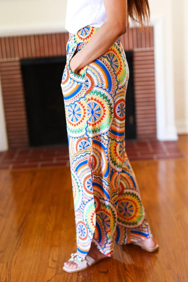 Multicolor Mandala Smocked Waist Side Slit Palazzo Pants - Coeur de la Mode