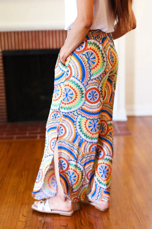 Multicolor Mandala Smocked Waist Side Slit Palazzo Pants - Coeur de la Mode