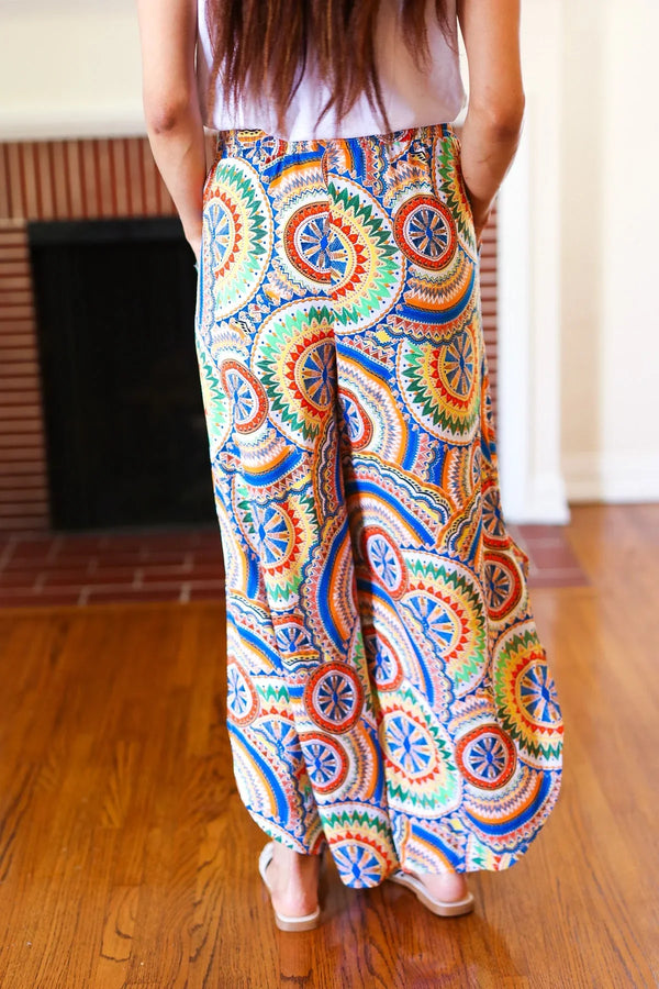 Multicolor Mandala Smocked Waist Side Slit Palazzo Pants - Coeur de la Mode