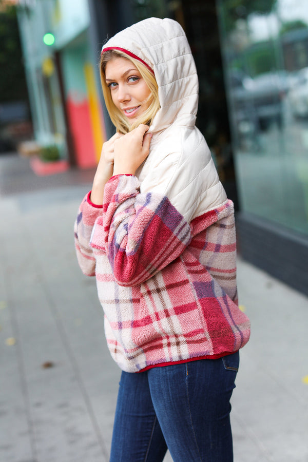 Tried & True Oatmeal & Garnet Plaid Half Zip Puffer Hoodie - Coeur de la Mode