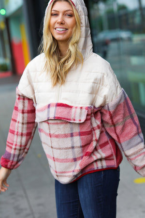 Tried & True Oatmeal & Garnet Plaid Half Zip Puffer Hoodie - Coeur de la Mode