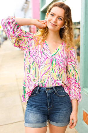 Life's A Party Fuchsia & Yellow Abstract Print V Neck Top - Coeur de la Mode
