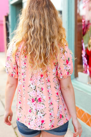 Peach Floral Front Keyhole Elastic Short Sleeve Top - Coeur de la Mode
