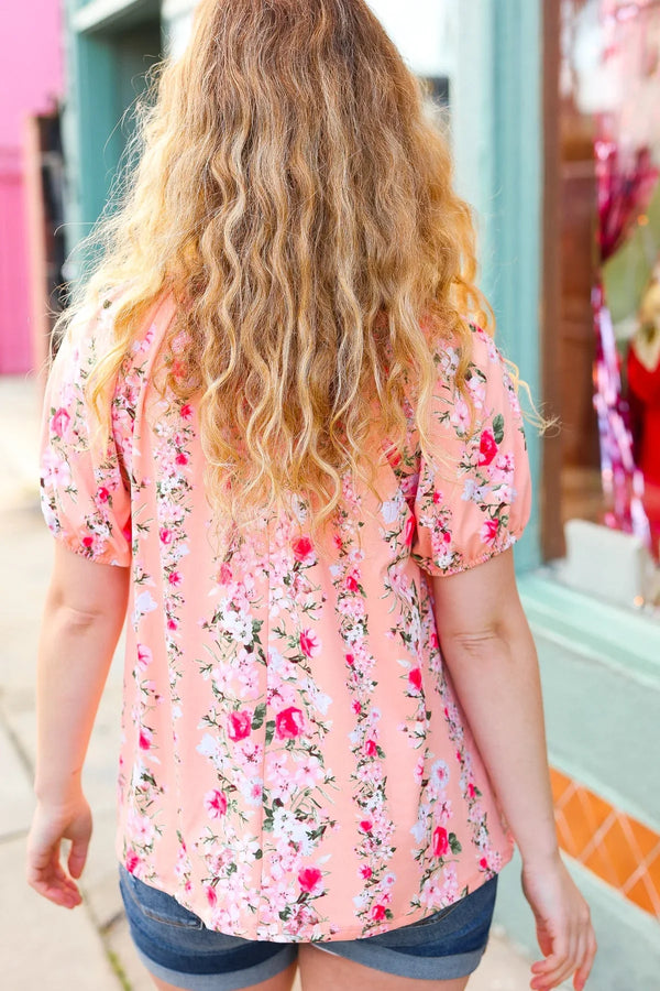 Peach Floral Front Keyhole Elastic Short Sleeve Top - Coeur de la Mode