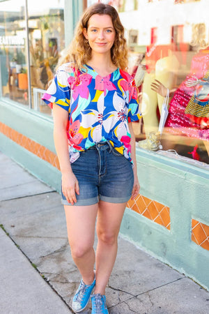 Navy & Yellow Tropical Floral V Neck Top - Coeur de la Mode