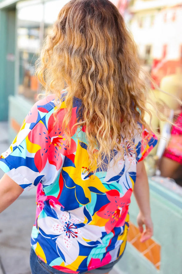 Navy & Yellow Tropical Floral V Neck Top - Coeur de la Mode