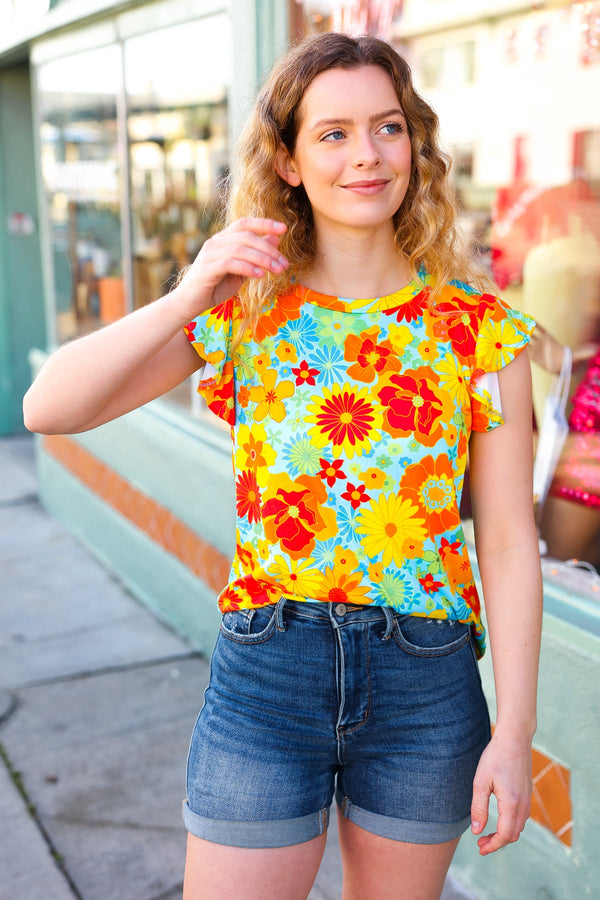 Yellow & Red Floral Flutter Sleeve Top - Coeur de la Mode