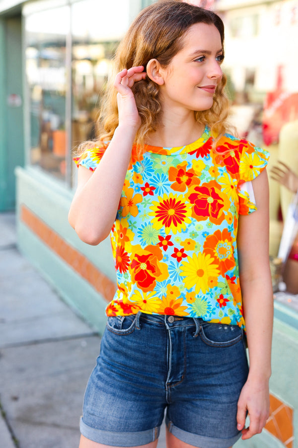 Yellow & Red Floral Flutter Sleeve Top - Coeur de la Mode
