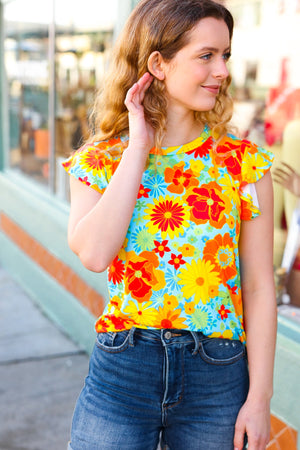 Yellow & Red Floral Flutter Sleeve Top - Coeur de la Mode