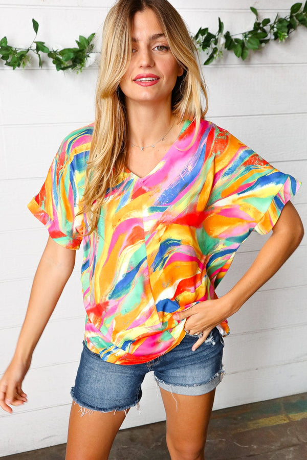 Watercolor Paint Strokes V Neck Top - Coeur de la Mode