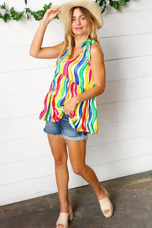 Multicolor Wavy Stripe Shoulder Tie Detail Top - Coeur de la Mode